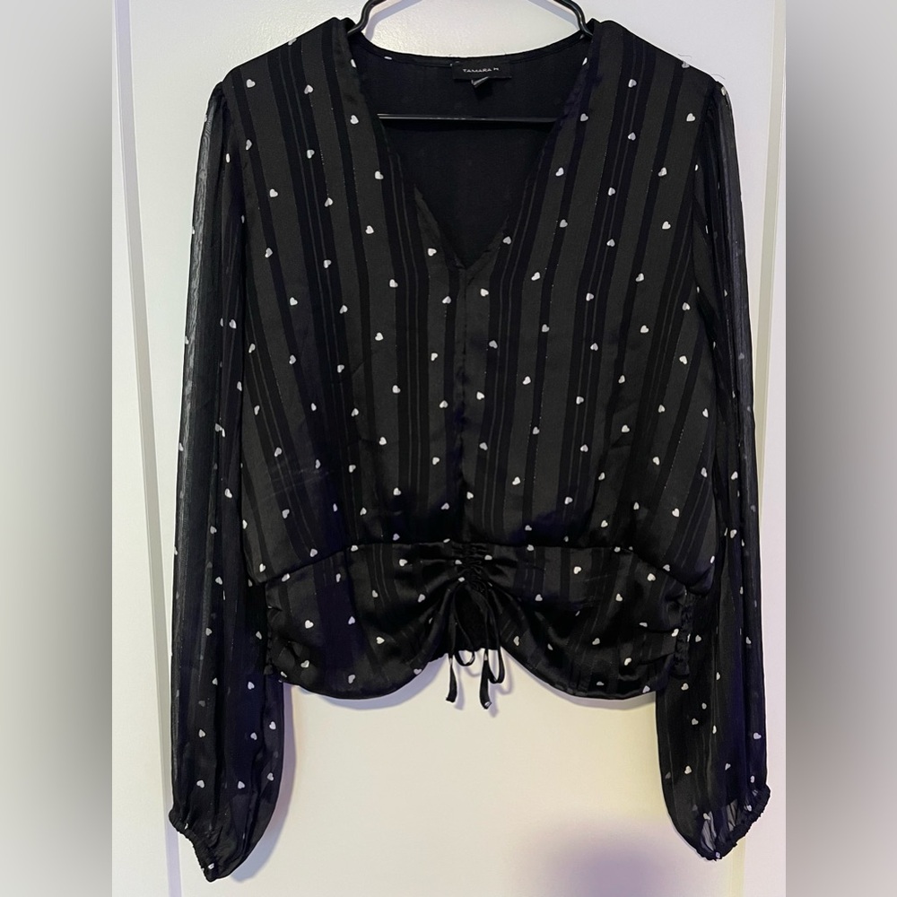 Black and White Ruched Long Sleeve Blouse with hearts